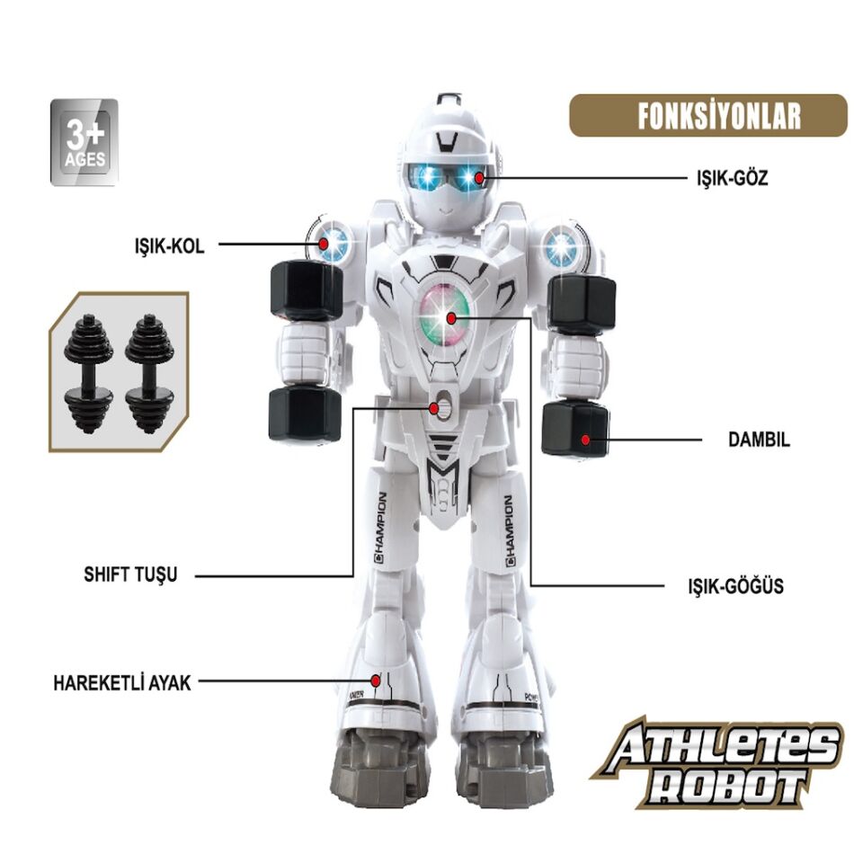 Vardem Işıklı ve Müzikli Hareketli Atletik Sporcu Robot Oyuncak –  Beyaz Siyah