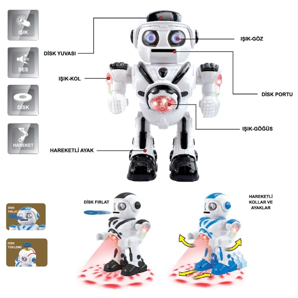 Işıklı ve Müzikli Disk Atan İnteraktif Uzay Savaşçısı Pilli Oyuncak Robot - Mavi