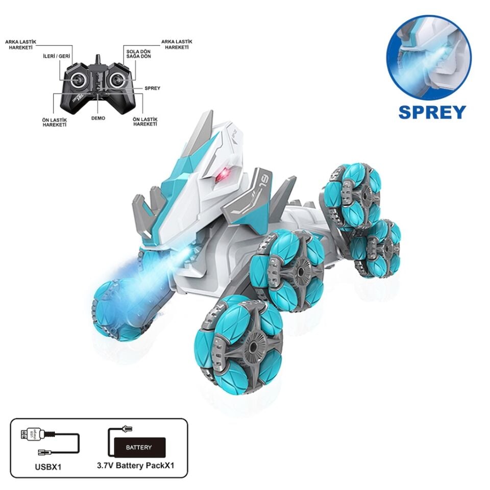 Uzaktan Kumandalı Full Fonksiyon Şarjlı 2,4G 8 Teker Buhar Atan Dinozor Araba - Mavi