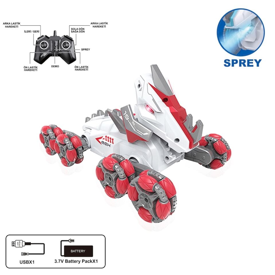 Uzaktan Kumandalı Full Fonksiyon Şarjlı 2,4G 8 Teker Buhar Atan Dinozor Araba - Kırmızı