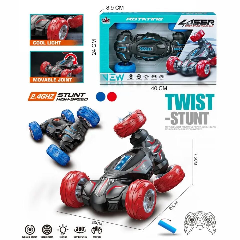 Işıklı 360° Twist Stunt Uzaktan Kumandalı Akrobat Oyuncak Araba - Kırmızı