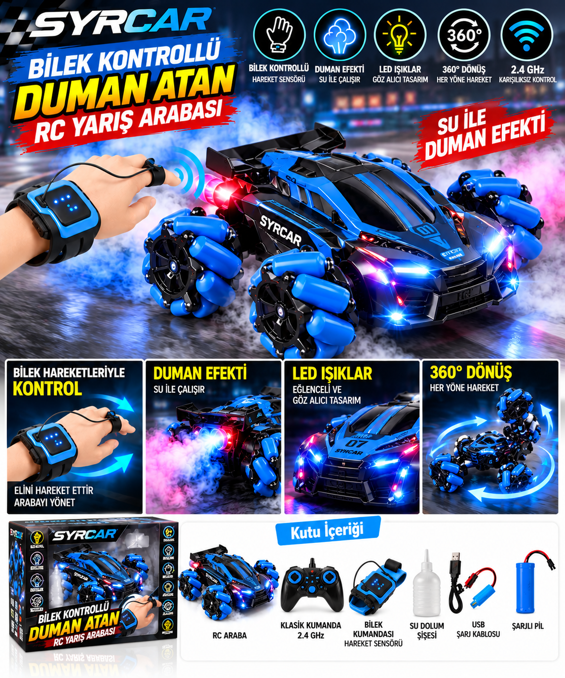SYRCAR Bilek Kontrollü Duman Atan LED Işıklı 360° RC Araba 2.4 GHz – Mavi