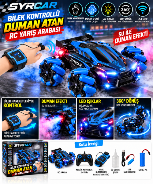 SYRCAR Bilek Kontrollü Duman Atan LED Işıklı 360° RC Araba 2.4 GHz – Mavi