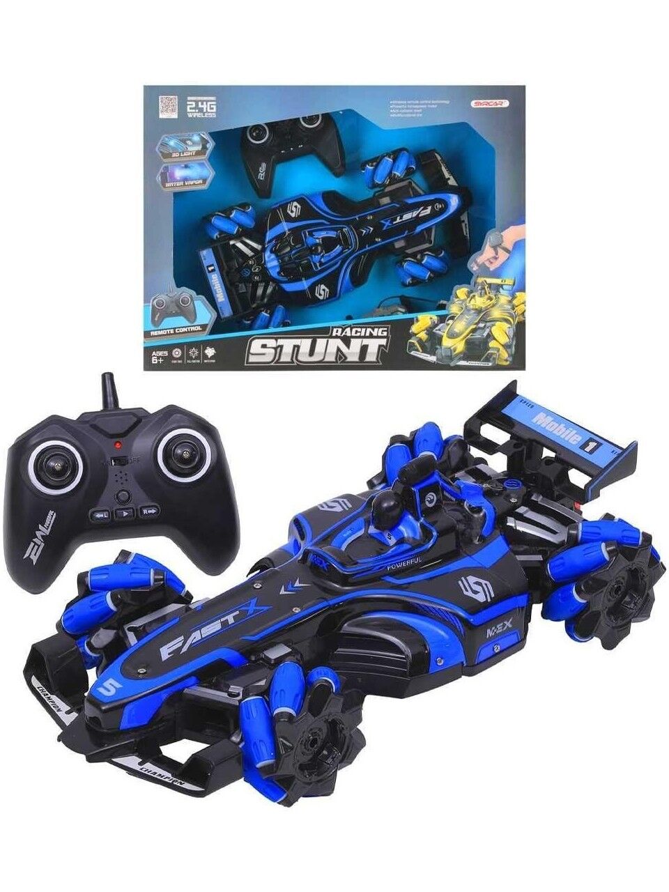 Bilek Kontrollü Duman Atan Işıklı Uzaktan Kumandalı RC Yarış Arabası 2.4G - Mavi