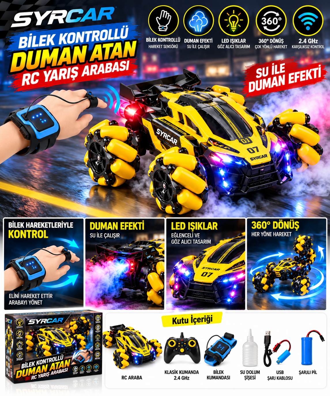 SYRCAR Bilek Kontrollü Duman Atan LED Işıklı 360° RC Araba 2.4 GHz – Sarı