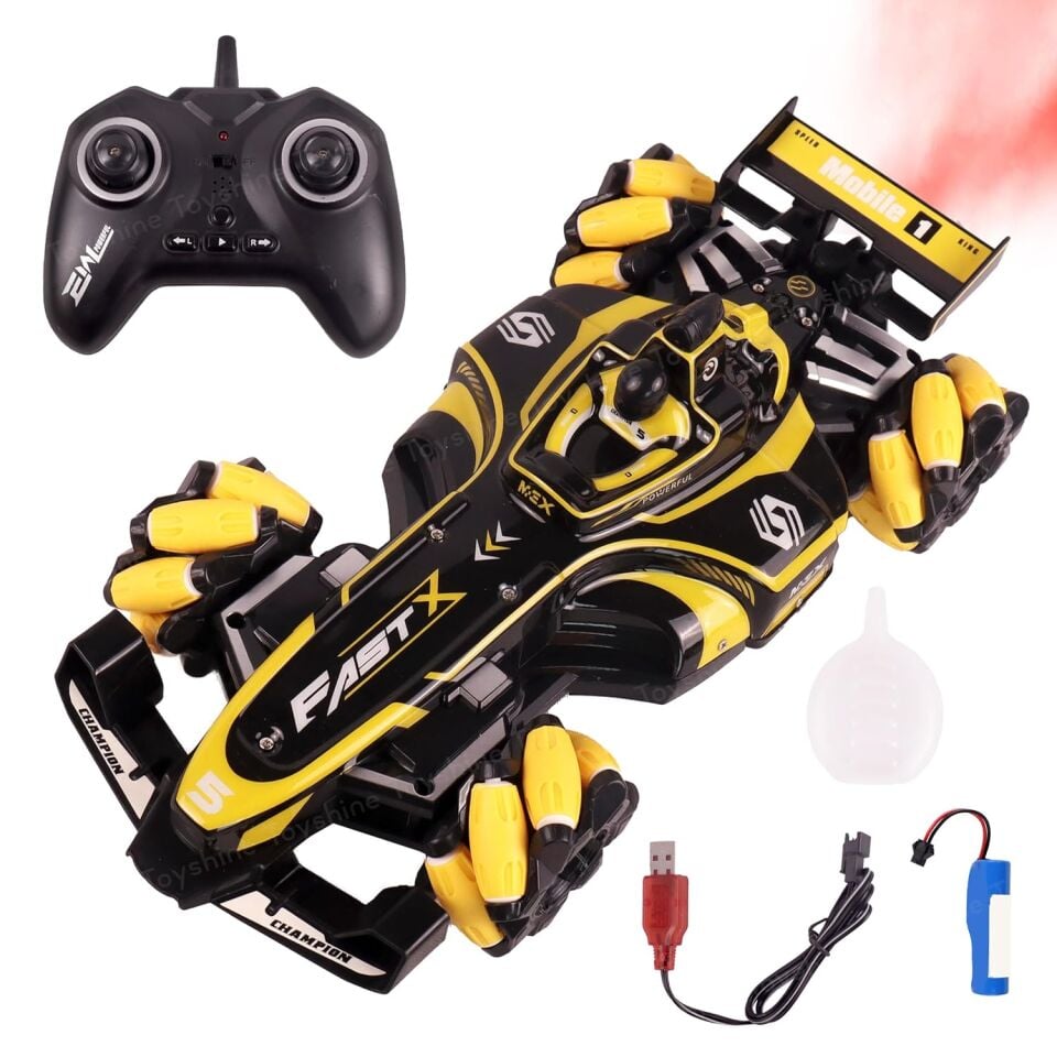 Bilek Kontrollü Duman Atan Işıklı Uzaktan Kumandalı RC Yarış Arabası 2.4G - Sarı