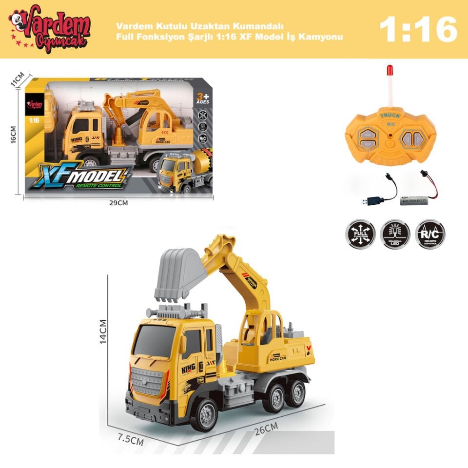 Uzaktan Kumandalı Şarjlı Kepçeli İnşaat Kamyonu 1:16 – 26 cm Full Fonksiyon İş Makinesi