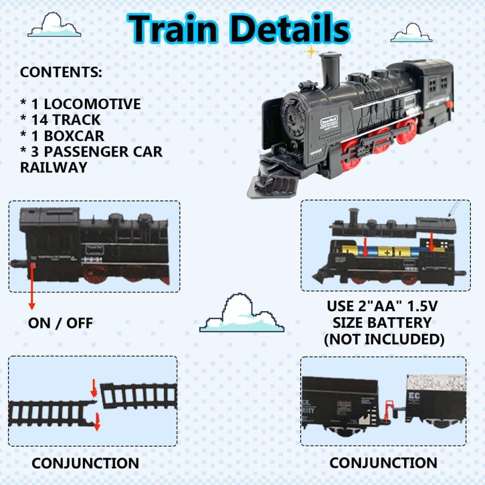 Rail King 19 Parça Pilli Işıklı Klasik Tren Seti - Lokomotif ve Vagonlu