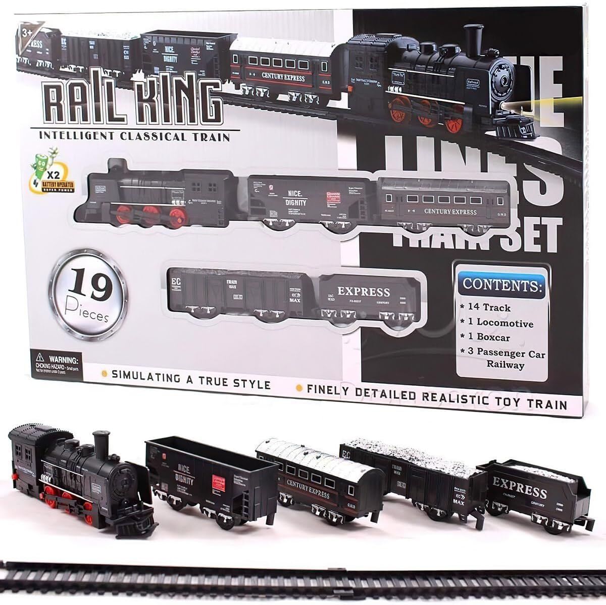 Rail King 19 Parça Pilli Işıklı Klasik Tren Seti - Lokomotif ve Vagonlu