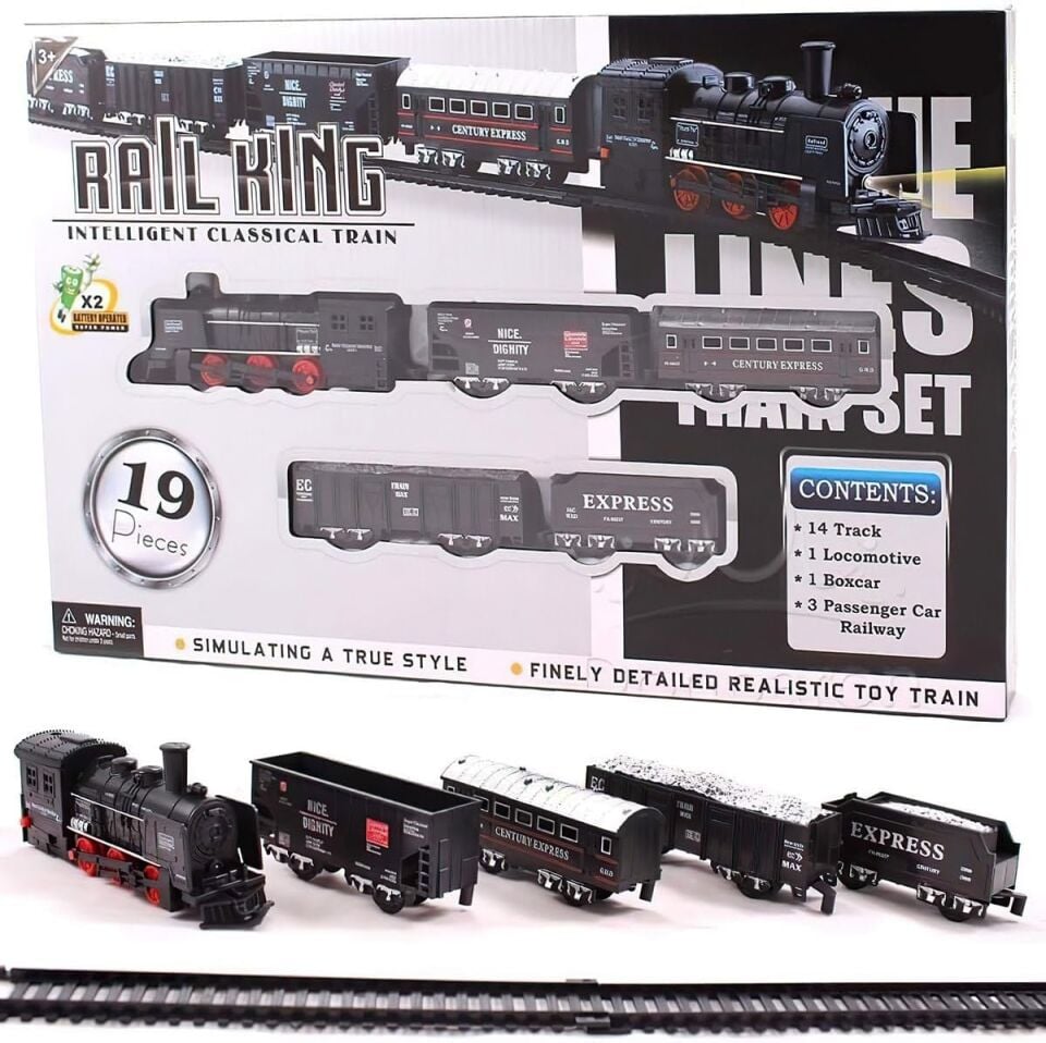 Rail King 19 Parça Pilli Işıklı Klasik Tren Seti - Lokomotif ve Vagonlu