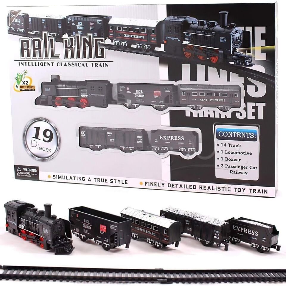 Rail King 19 Parça Pilli Işıklı Klasik Tren Seti - Lokomotif ve Vagonlu