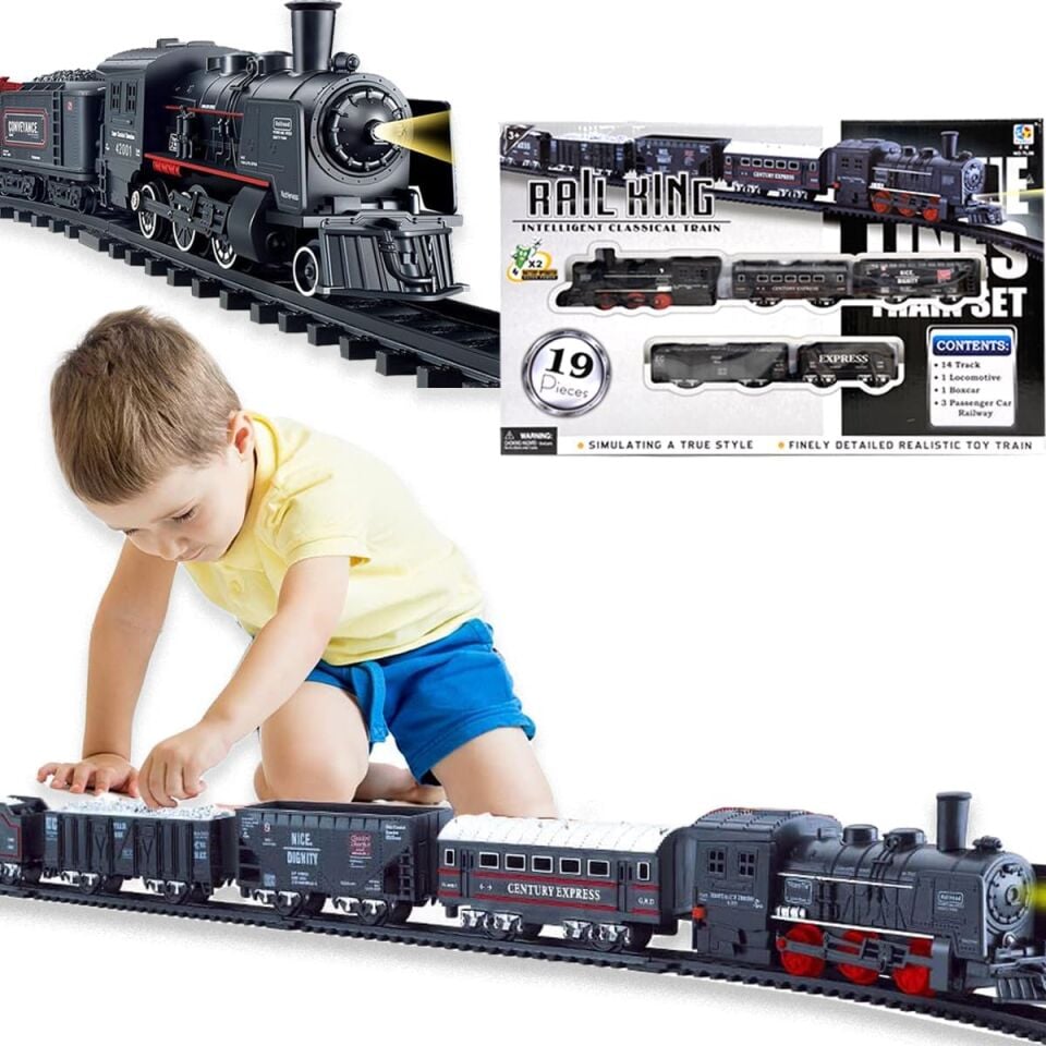 Rail King 19 Parça Pilli Işıklı Klasik Tren Seti - Lokomotif ve Vagonlu