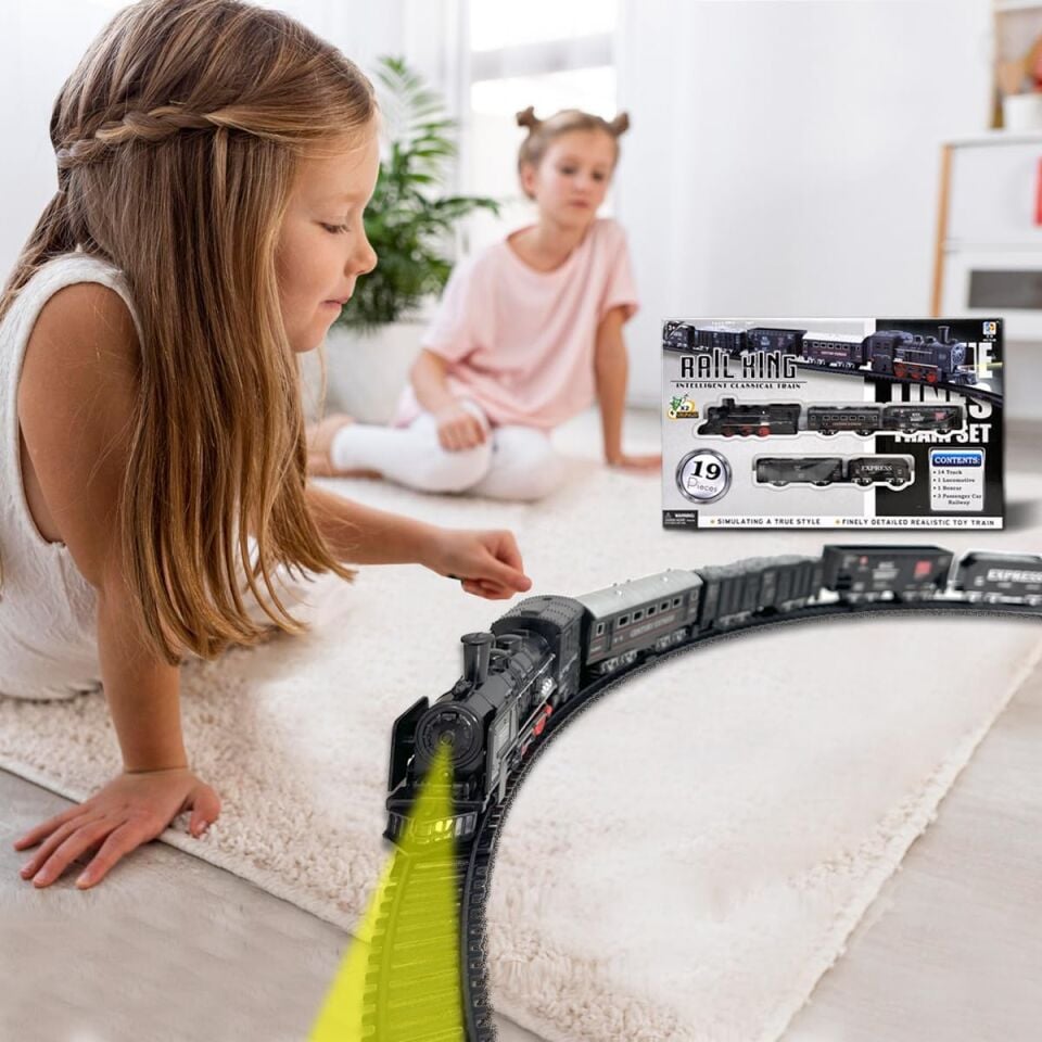 Rail King 19 Parça Pilli Işıklı Klasik Tren Seti - Lokomotif ve Vagonlu
