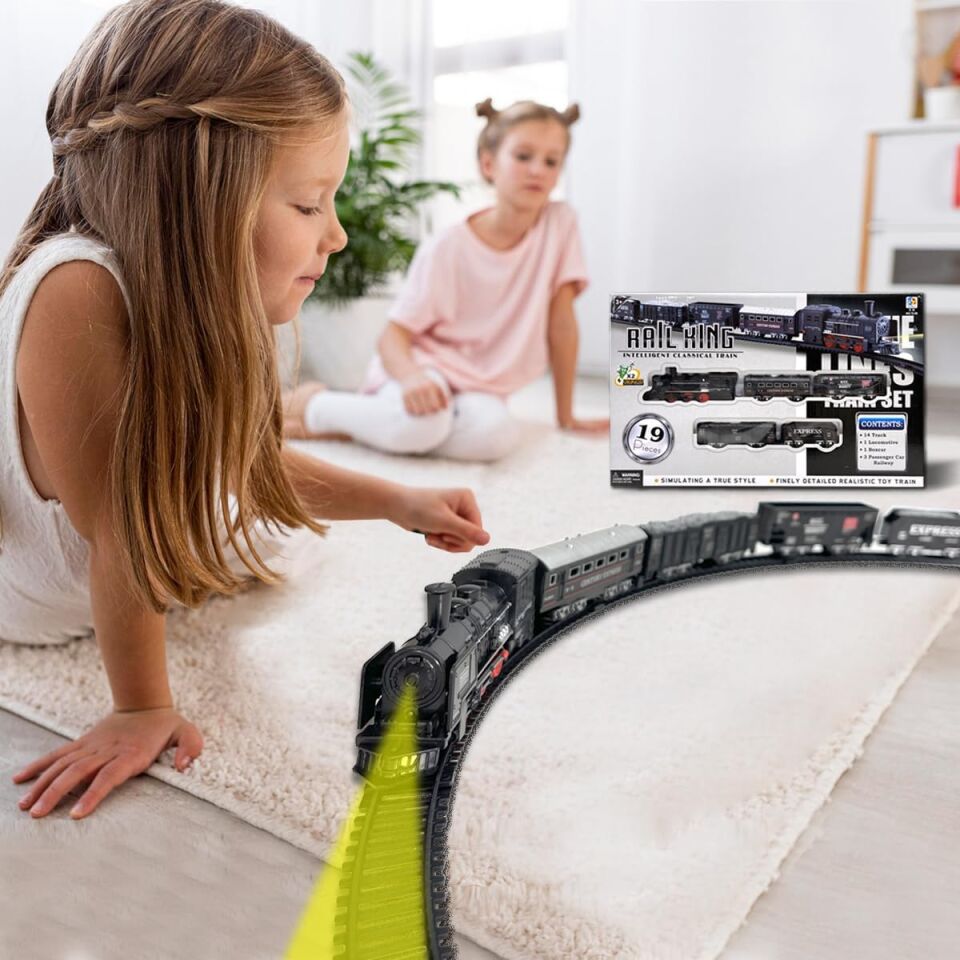 Rail King 19 Parça Pilli Işıklı Klasik Tren Seti - Lokomotif ve Vagonlu