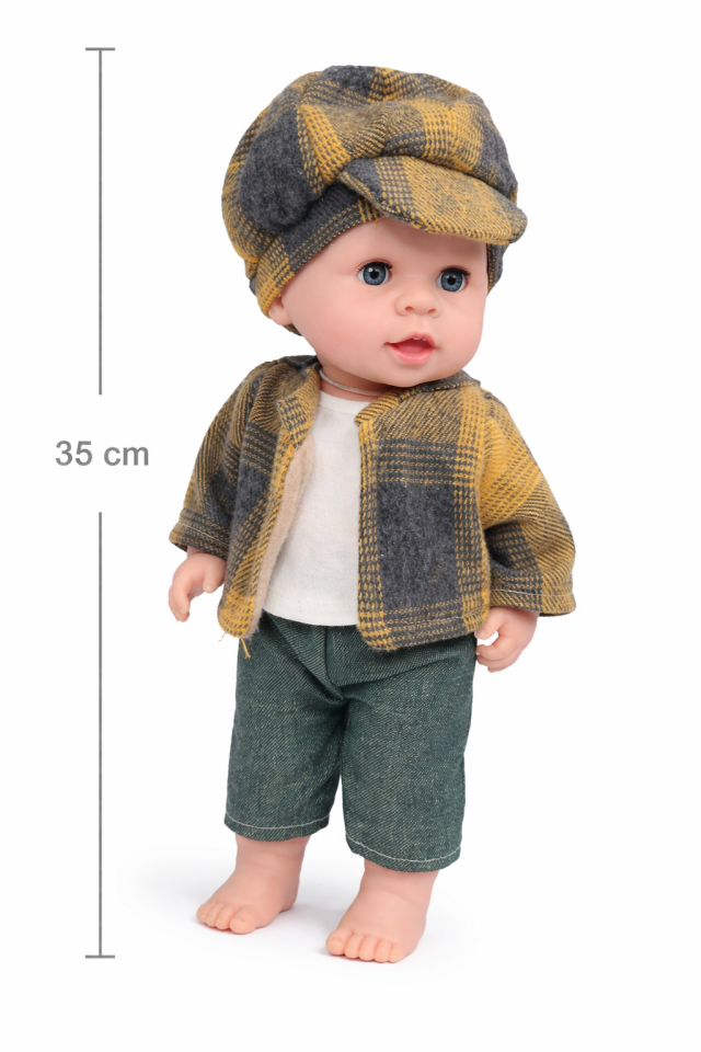 Masal Anlatan Et Bebek – Şapkalı Erkek Bebek Oyuncak 35 cm - Sarı kıyafet