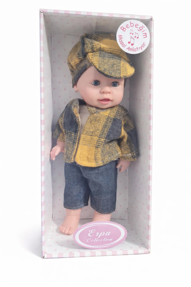 Masal Anlatan Et Bebek – Şapkalı Erkek Bebek Oyuncak 35 cm - Sarı kıyafet