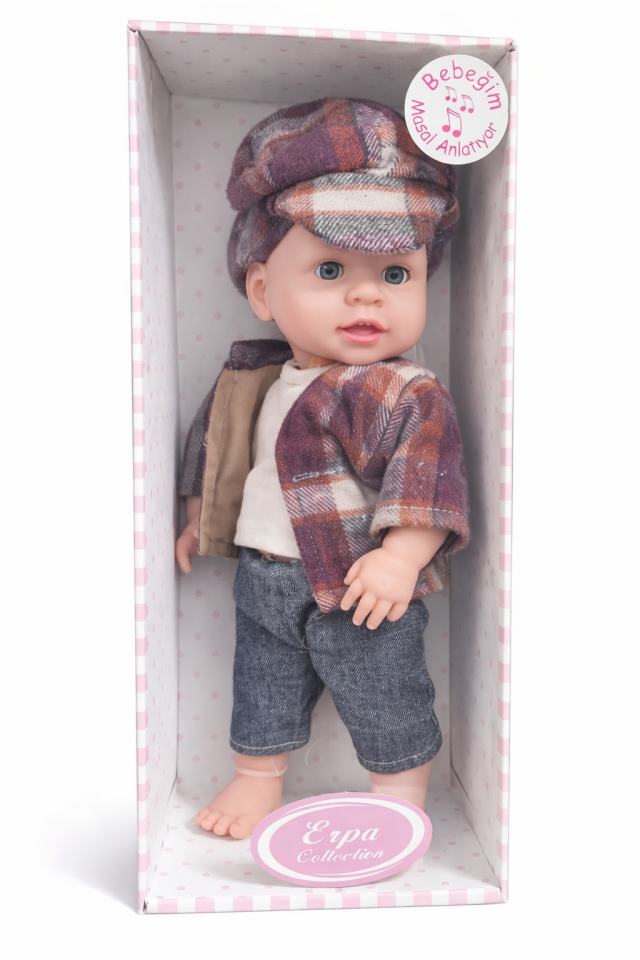 Masal Anlatan Et Bebek – Şapkalı Erkek Bebek Oyuncak 35 cm - Mor kıyafet
