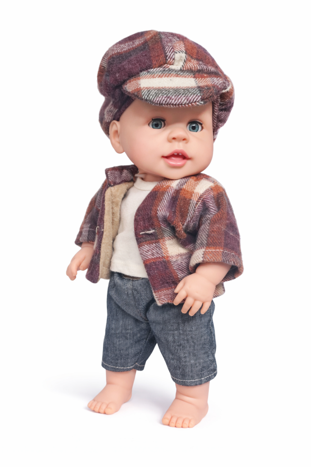 Masal Anlatan Et Bebek – Şapkalı Erkek Bebek Oyuncak 35 cm - Mor kıyafet