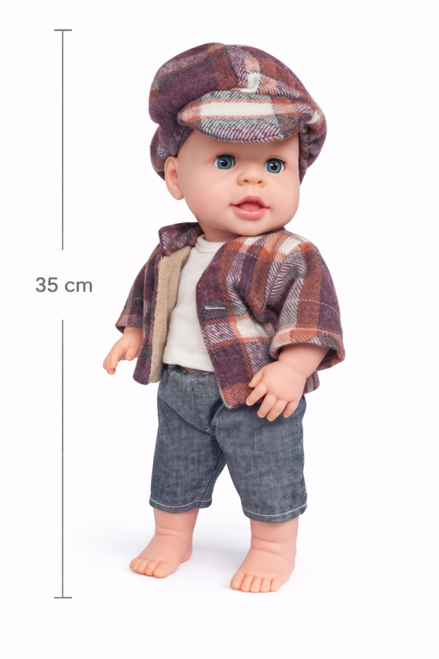 Masal Anlatan Et Bebek – Şapkalı Erkek Bebek Oyuncak 35 cm - Mor kıyafet