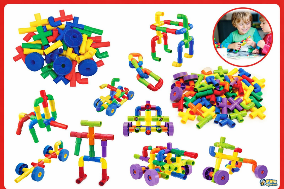 Boru Blok Yapı Oyuncağı - Tekerlekli 72 Parça Boru Blok Eğitici Yapı Seti