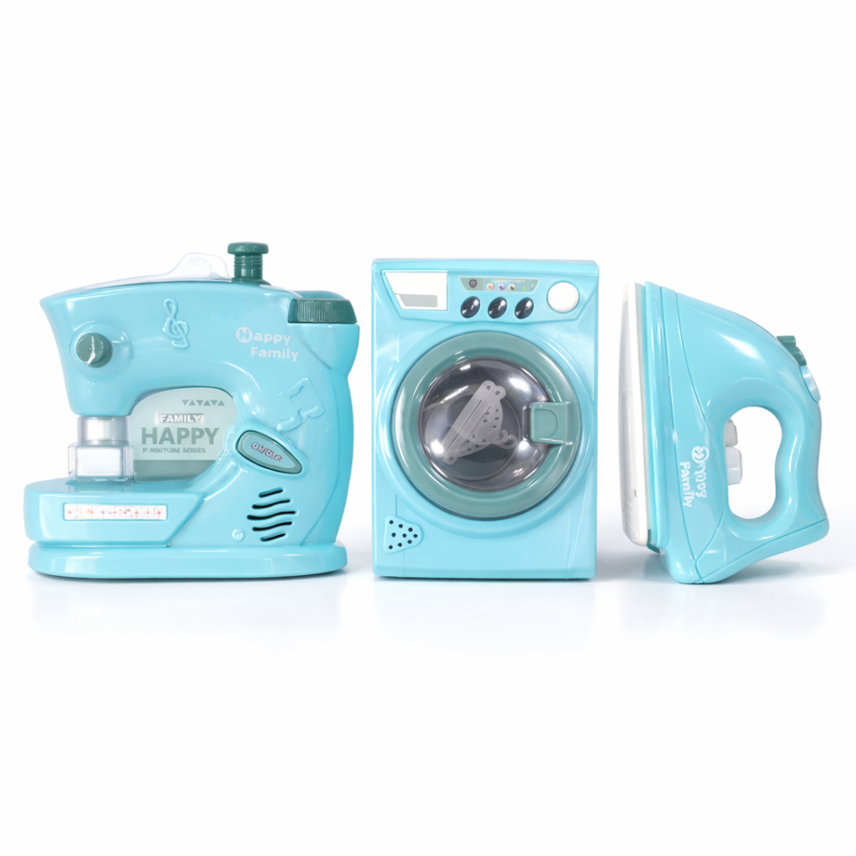 Oyuncak Ev Aletleri Seti (3 Parça) - Çamaşır Makinesi, Dikiş Makinesi ve Ütü Seti