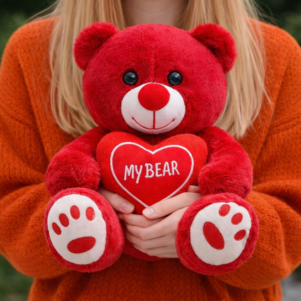 Sevgiliye Özel Kırmızı Kalpli Peluş Ayı 35 CM – Romantik Sevimli Peluş Ayıcık