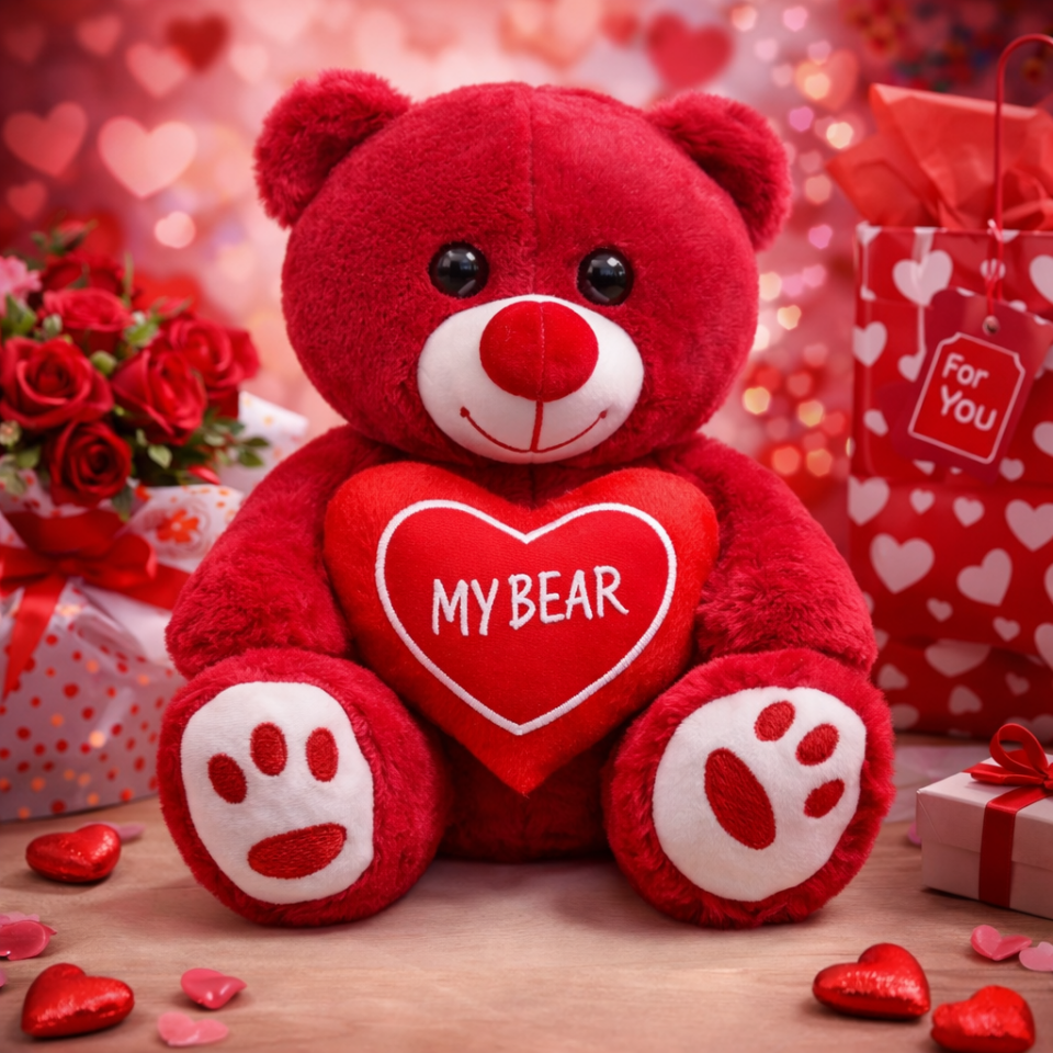 Sevgiliye Özel Kırmızı Kalpli Peluş Ayı 35 CM – Romantik Sevimli Peluş Ayıcık