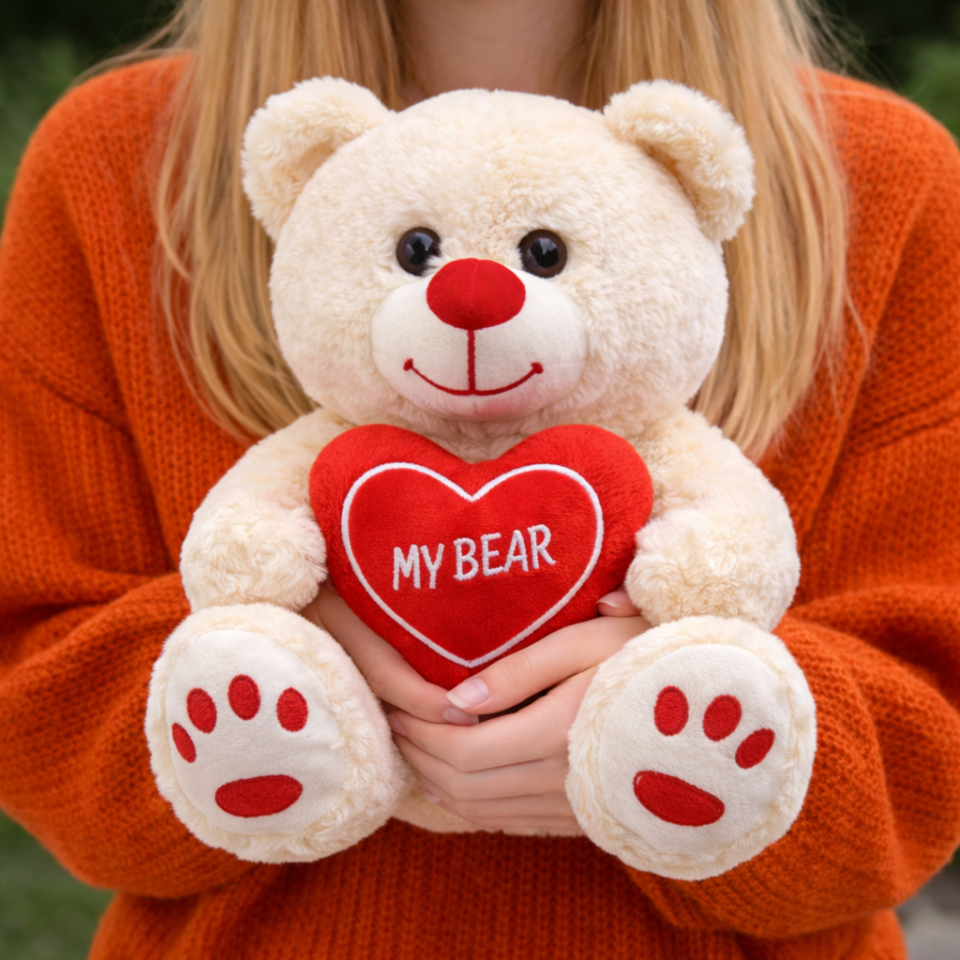 Sevgiliye Özel Beyaz Kalpli Peluş Ayı 35 CM – Romantik Sevimli Peluş Ayıcık