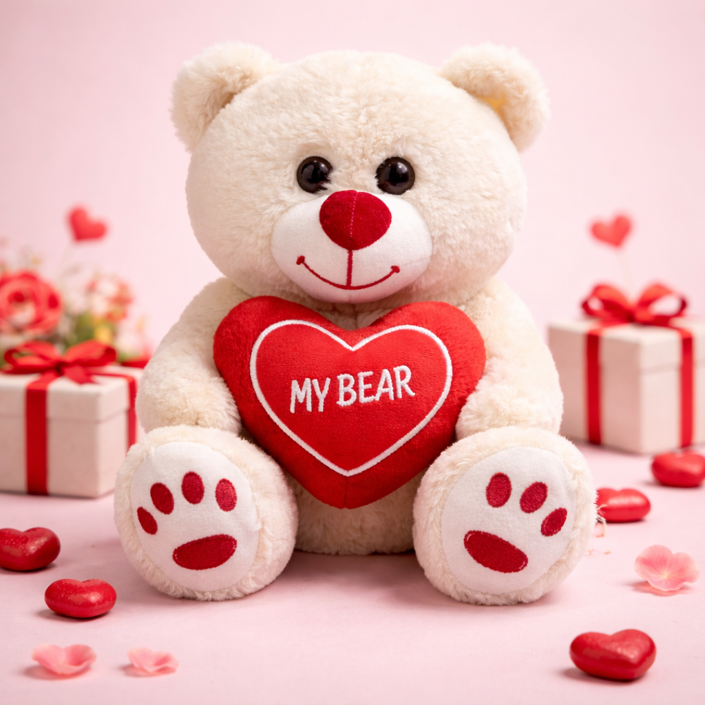 Sevgiliye Özel Beyaz Kalpli Peluş Ayı 35 CM – Romantik Sevimli Peluş Ayıcık