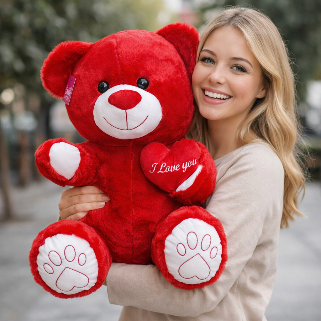 Büyük Boy Kırmızı Kalpli Peluş Ayıcık - Premium Yumuşak Dokulu Sevimli Peluş Ayı 60 CM