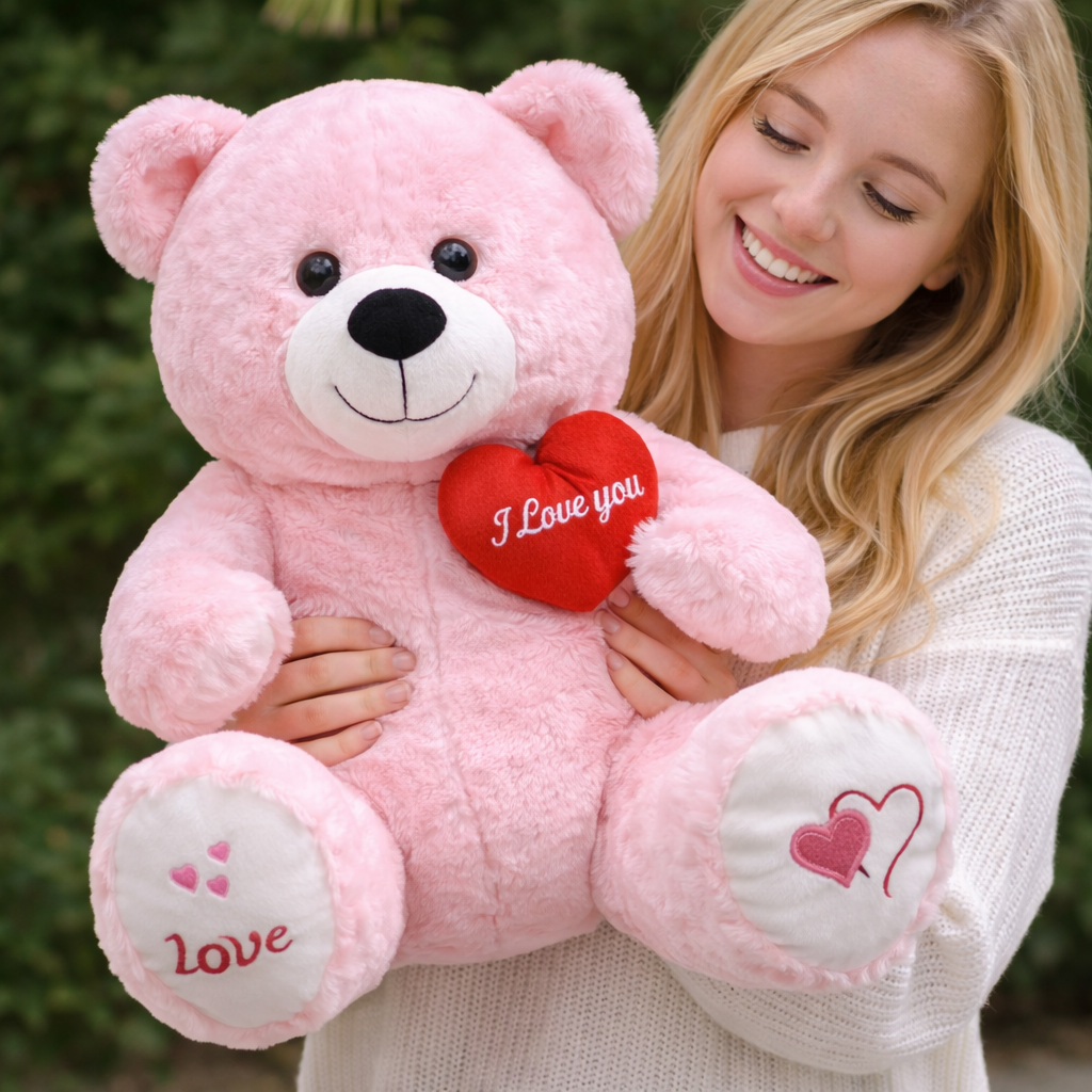 Büyük Boy Pembe Kalpli Peluş Ayıcık - Premium Yumuşak Dokulu Sevimli Peluş Ayı 60 CM