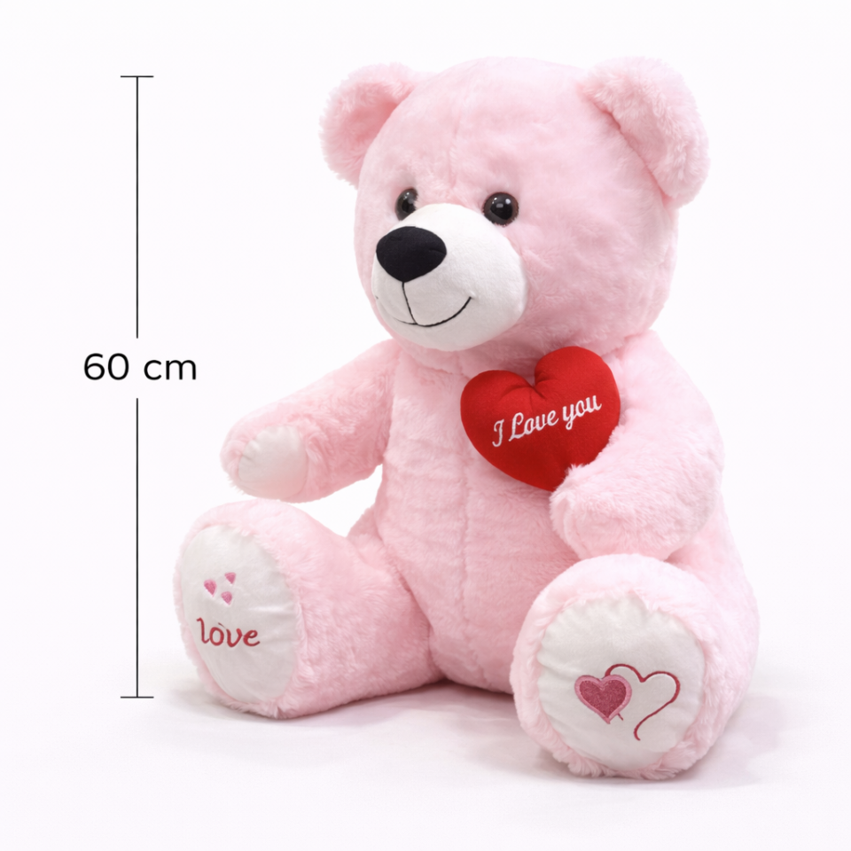 Büyük Boy Pembe Kalpli Peluş Ayıcık - Premium Yumuşak Dokulu Sevimli Peluş Ayı 60 CM