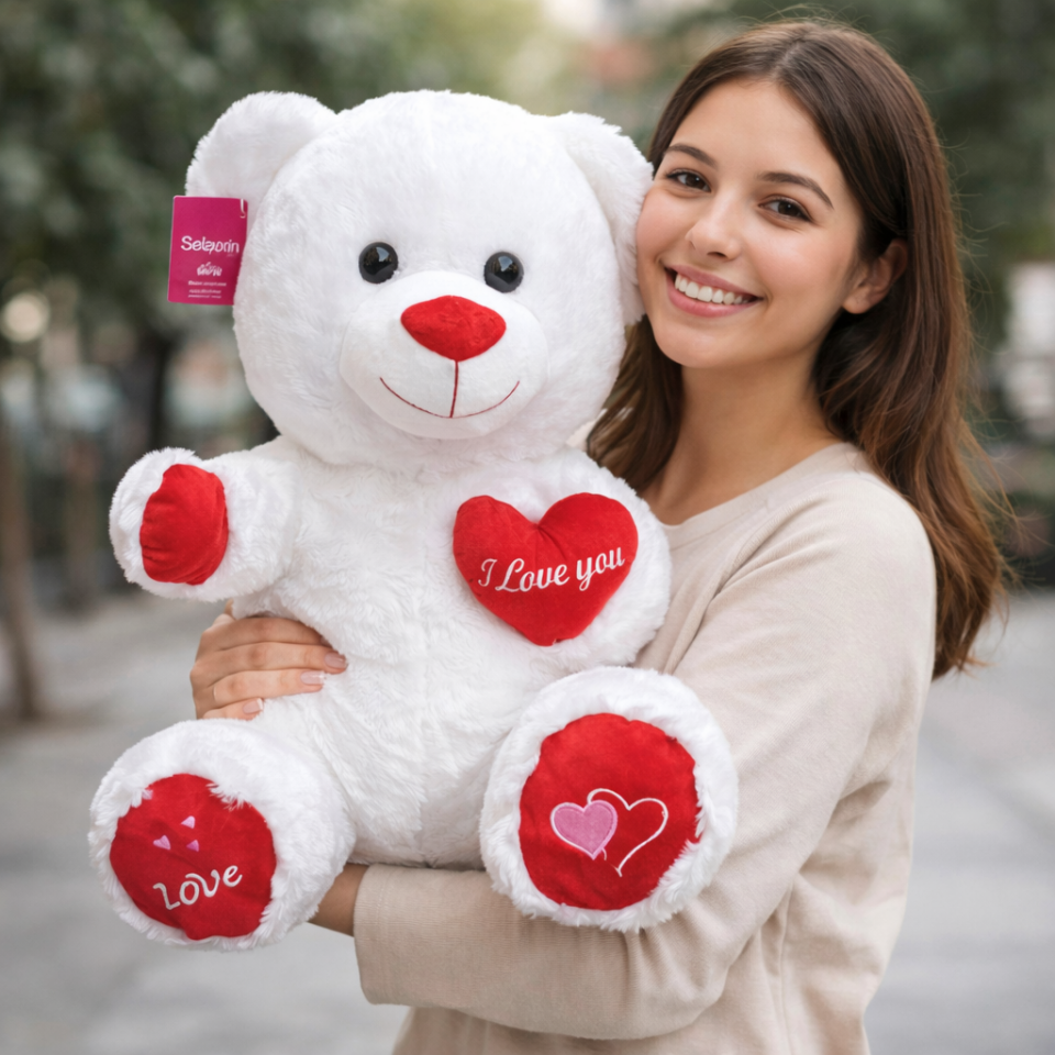 Büyük Boy Beyaz Kalpli Peluş Ayıcık - Premium Yumuşak Dokulu Sevimli Peluş Ayı 57 CM