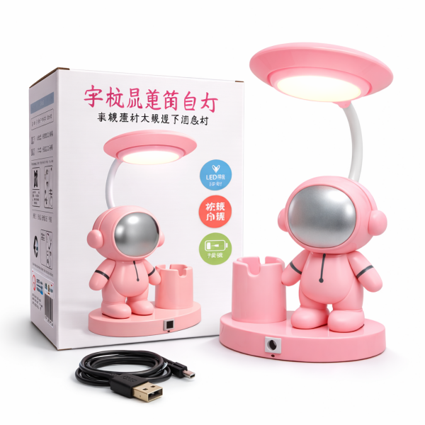 Astronot Figürlü LED Masa Lambası - USB Şarjlı - Pembe