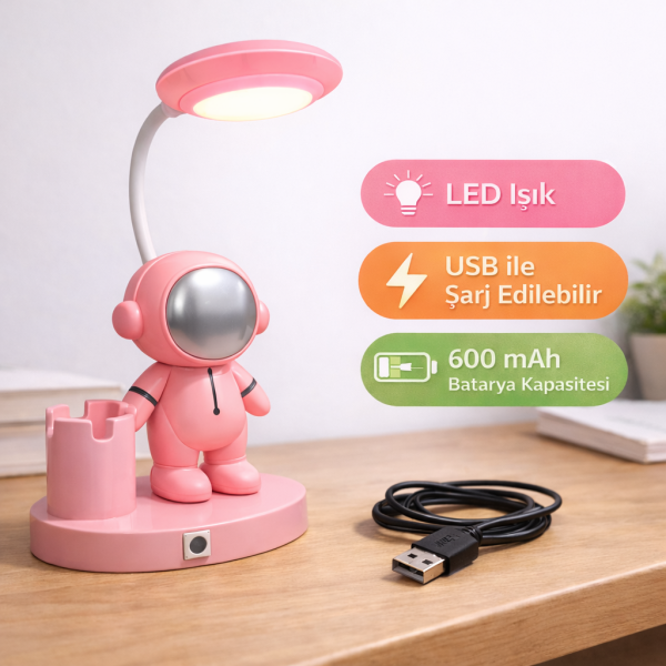 Astronot Figürlü LED Masa Lambası - USB Şarjlı - Pembe