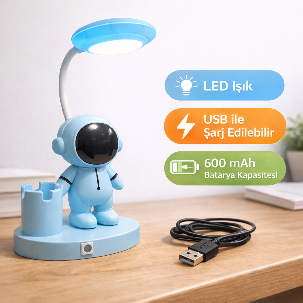 Astronot Figürlü LED Masa Lambası - USB Şarjlı - Mavi