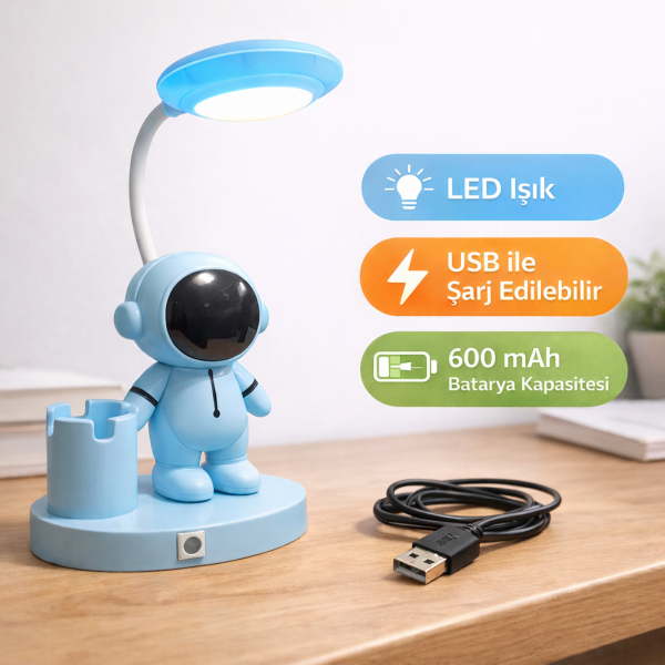 Astronot Figürlü LED Masa Lambası - USB Şarjlı - Mavi