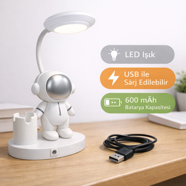 Astronot Figürlü LED Masa Lambası - USB Şarjlı - Beyaz