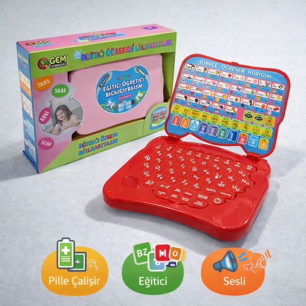 Mini Eğitici Laptop – Türkçe Öğrenim Haritalı - Oyuncak Bilgisayar Kırmızı