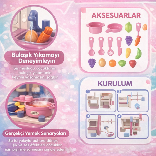 Buhar Çıkaran Işıklı Musluklu Mutfak Oyuncağı Pembe