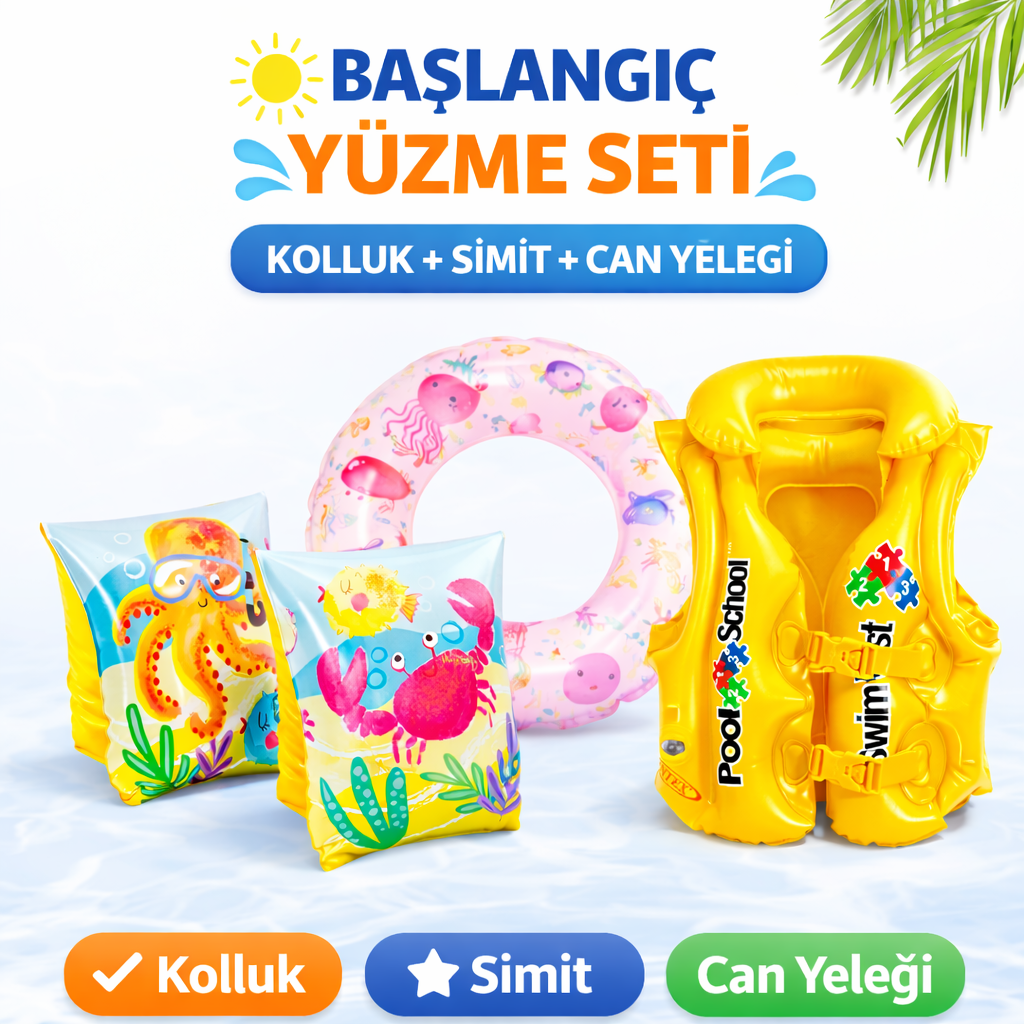 Çocuk Yüzme Öğrenme Seti – Kolluk, Simit ve Can Yeleği 3’lü Havuz Deniz Seti