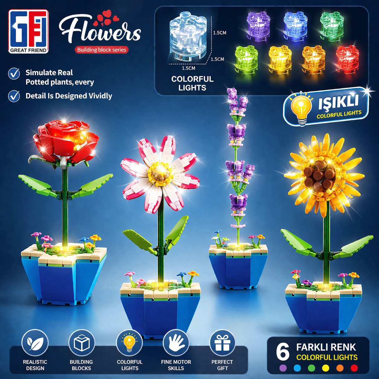 Saksılı Renkli Işıklı Blok Çiçek - Yapım Çiçek Seti