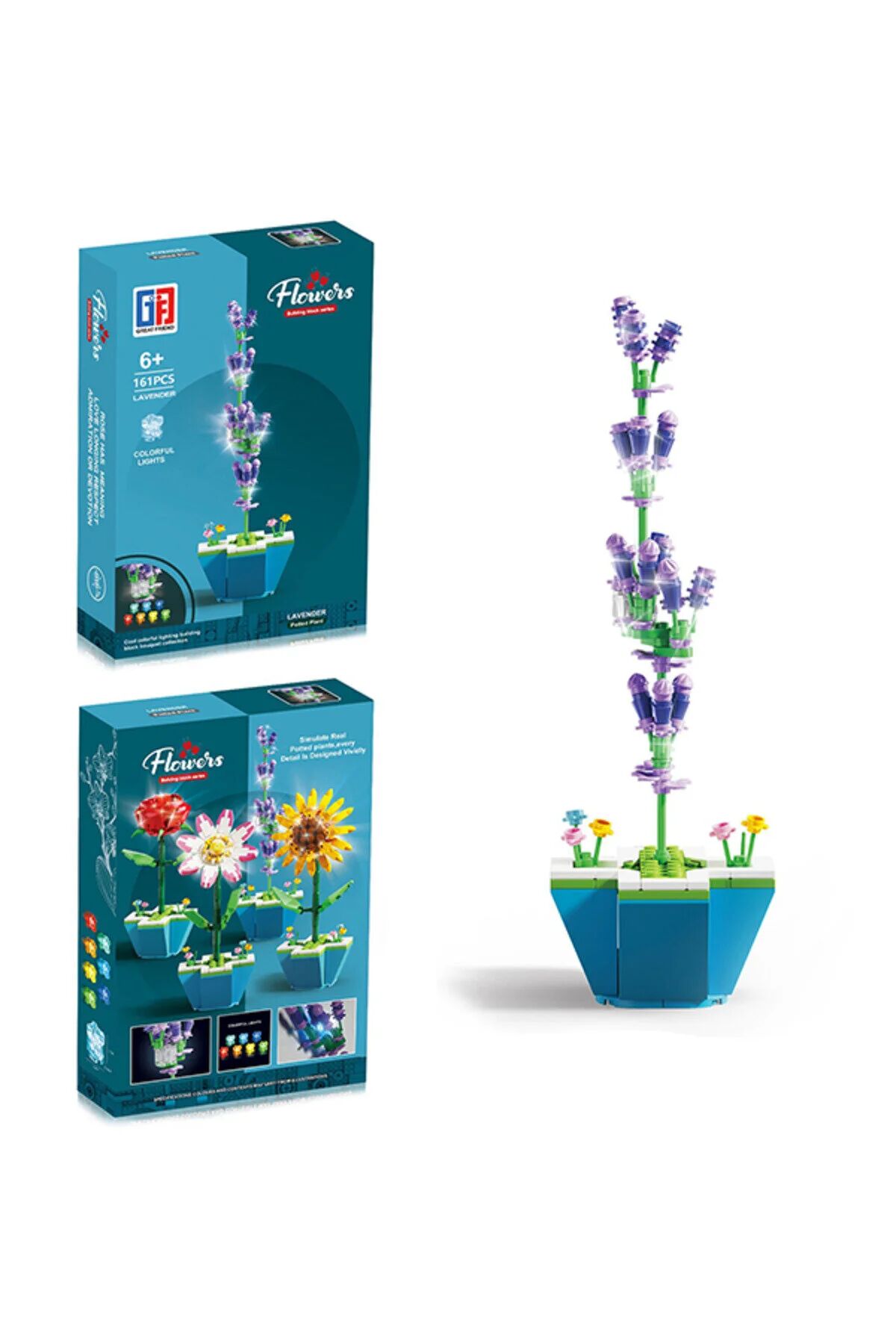 Saksılı Renkli Işıklı Blok Çiçek - Yapım Çiçek Seti LAVENDER 161 Parça