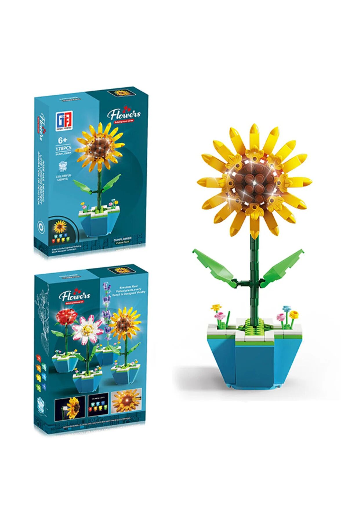 Saksılı Renkli Işıklı Blok Çiçek - Yapım Çiçek Seti SUNFLOWER 178 Parça