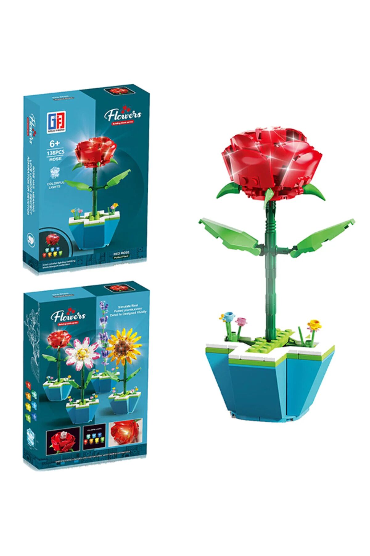 Saksılı Renkli Işıklı Blok Çiçek - Yapım Çiçek Seti RED ROSE 138 Parça
