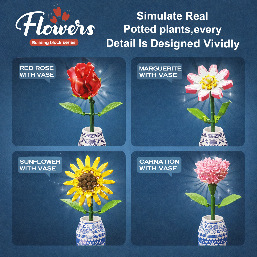 Saksılı Renkli Işıklı Blok Çiçek - Yapım Çiçek Seti