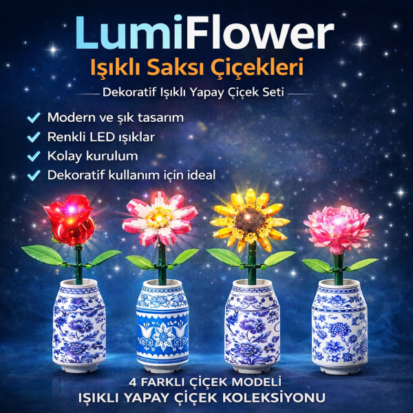 Saksılı Renkli Işıklı Blok Çiçek - Yapım Çiçek Seti