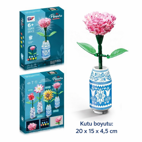 Saksılı Renkli Işıklı Blok Çiçek - Yapım Çiçek Seti CARNATION 124 Parça