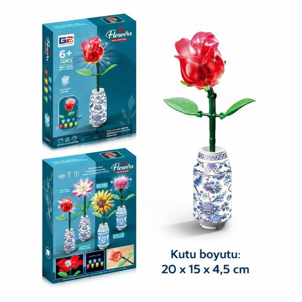 Saksılı Renkli Işıklı Blok Çiçek - Yapım Çiçek Seti RED ROSE 74 Parça