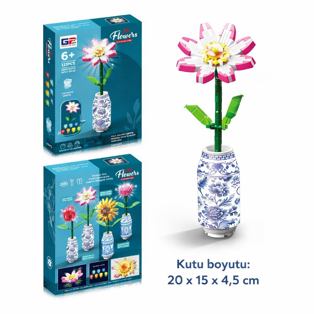 Saksılı Renkli Işıklı Blok Çiçek - Yapım Çiçek Seti MARGUERITE 121 Parça